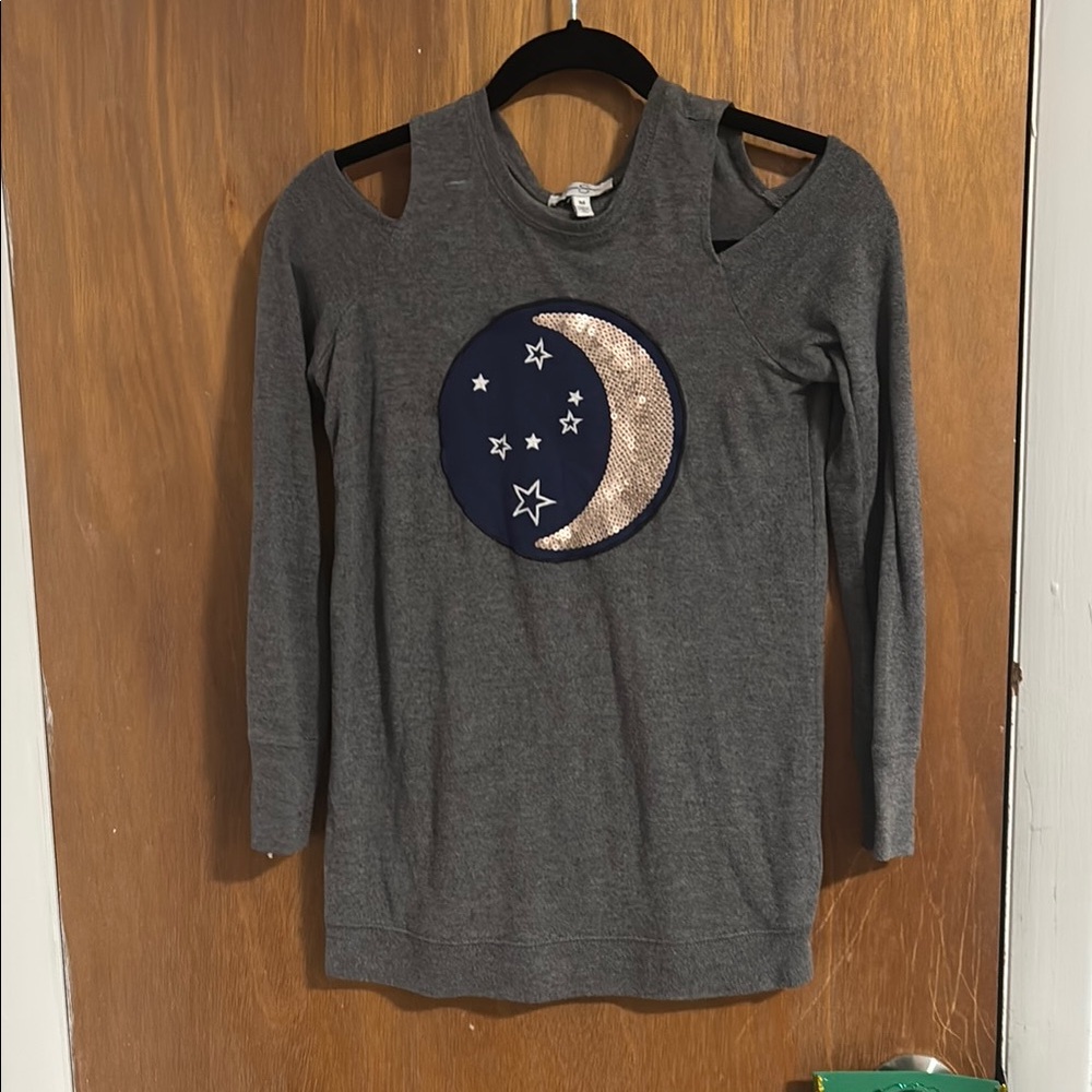 Gray Cold Shoulder Top with Moon and Stars Design